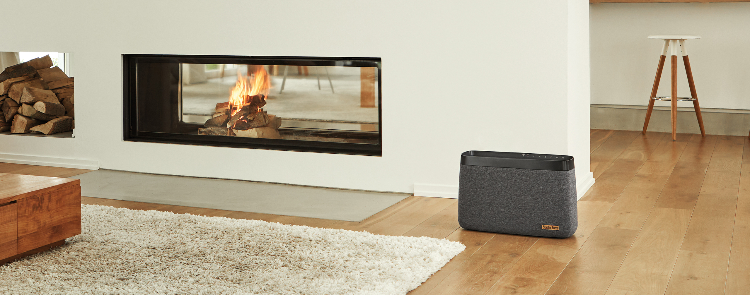 Stadler Form Karl big in a living room with a fire place