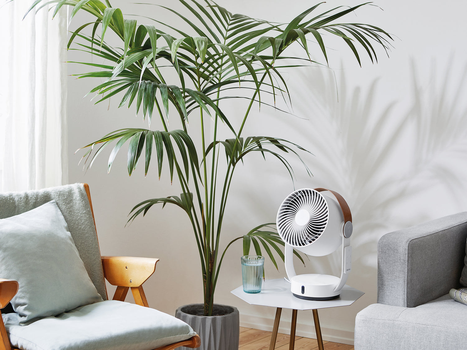 Stadler Form Leo table fan in a living room with plants